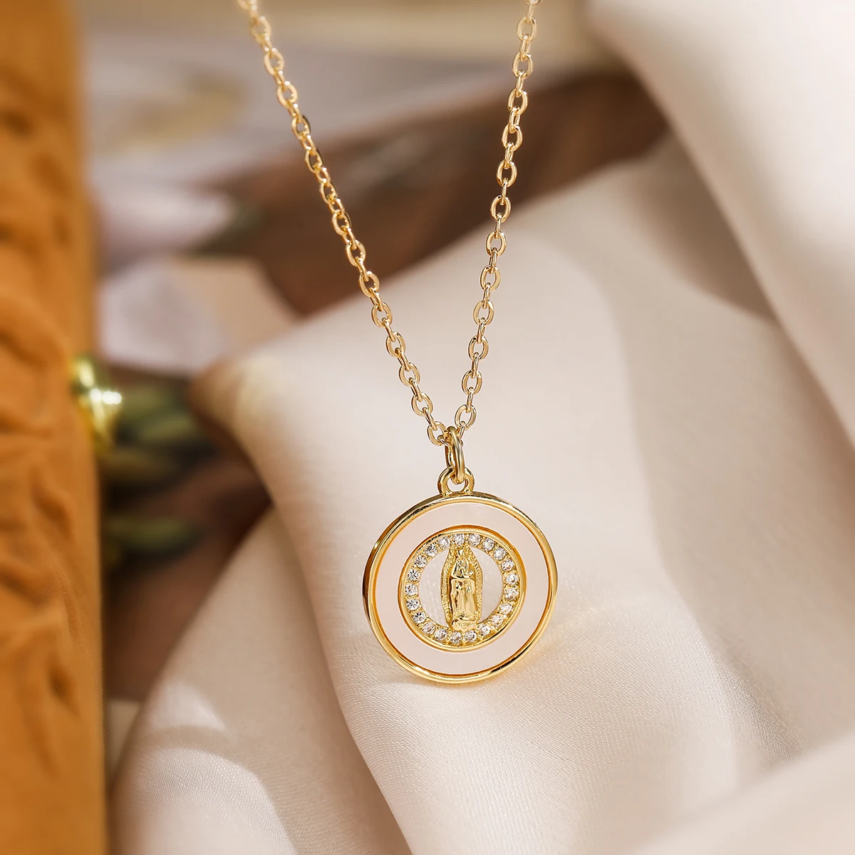 Fashion Gold Color Stainless Steel Chain Necklaces Clear CZ Inlay White Oil Dripping Round Cross Virgin Mary Pendant Necklaces