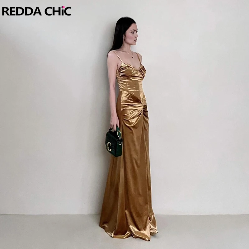 REDDACHiC Pretty Elegant Women Gold Dress Velvet Maxi Long V-neck Spaghetti Straps A-line Draped One-piece Vintage Party Gown