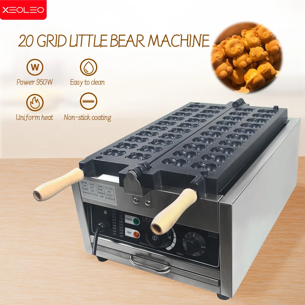 

XEOLEO Commercial 20PCS Little Bear Shape Waffle Maker 3000W Electric Bear Waffle Make Machine Non-stick coating Snack Equipment