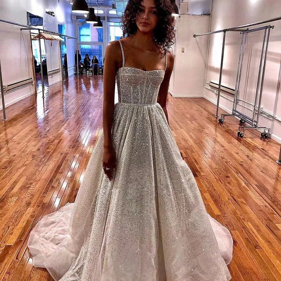 Customized Luxurious 2024 Glitter Wedding Dresses Bride Dresses A-Line Sweetheart Shiny Tulle Spaghetti Straps Beaded Bride Gown