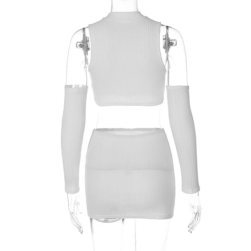 BKLD Fashion Solid Color White Sleeveless Crop Tops With Gloves And Mini Skirt Sets Sexy Party Women Two Piece Outfits 2024