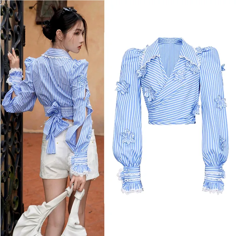 

Ins Women Long Ruffles Sleeves Shirts Tops Slim Chic Stripped Flowers Appliques Embroidery V Neck Bows Party Blouses NZ75