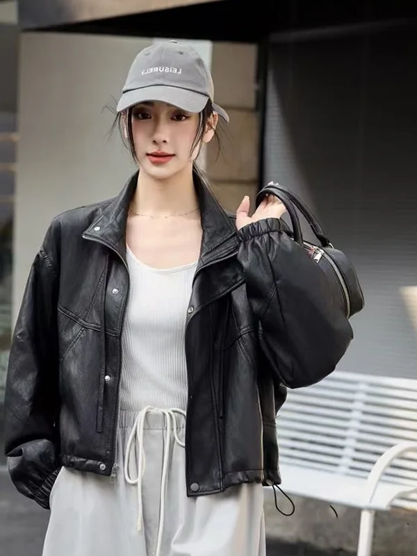 JJS2025 쿨 스타일 짧은 블랙 가죽 재킷 여성 슬림 핏 라운드 넥 코트 봄 가을 패션 아우터웨어