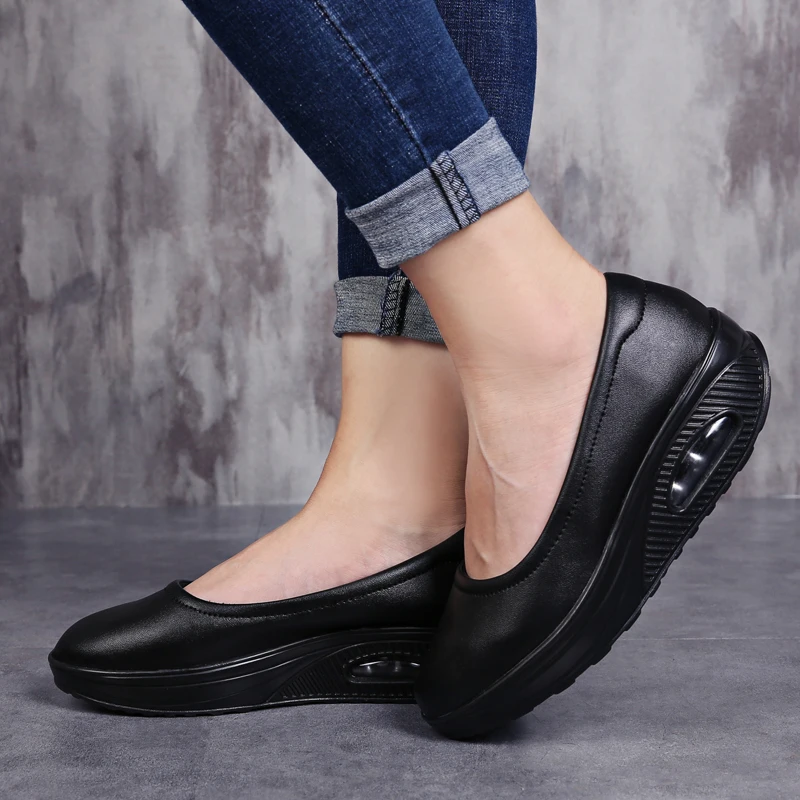 Zapatos de cuña con punta redonda para mujer, mocasines sin cordones con cojín de aire, zapatos planos de plataforma, zapatos de vestir de cuero PU, 2989 v