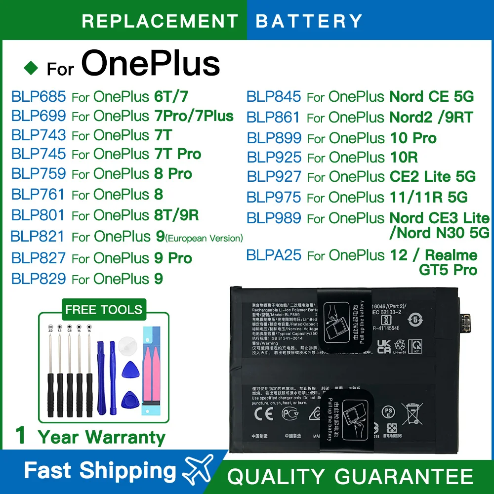 Replacement Battery For Oneplus 12 11 10 Pro 9 8 7 6 8T 7T 9R 10R Battery For One Plus BLP899 BLP827 BLP925 BLP975 BLP989 BLPA25