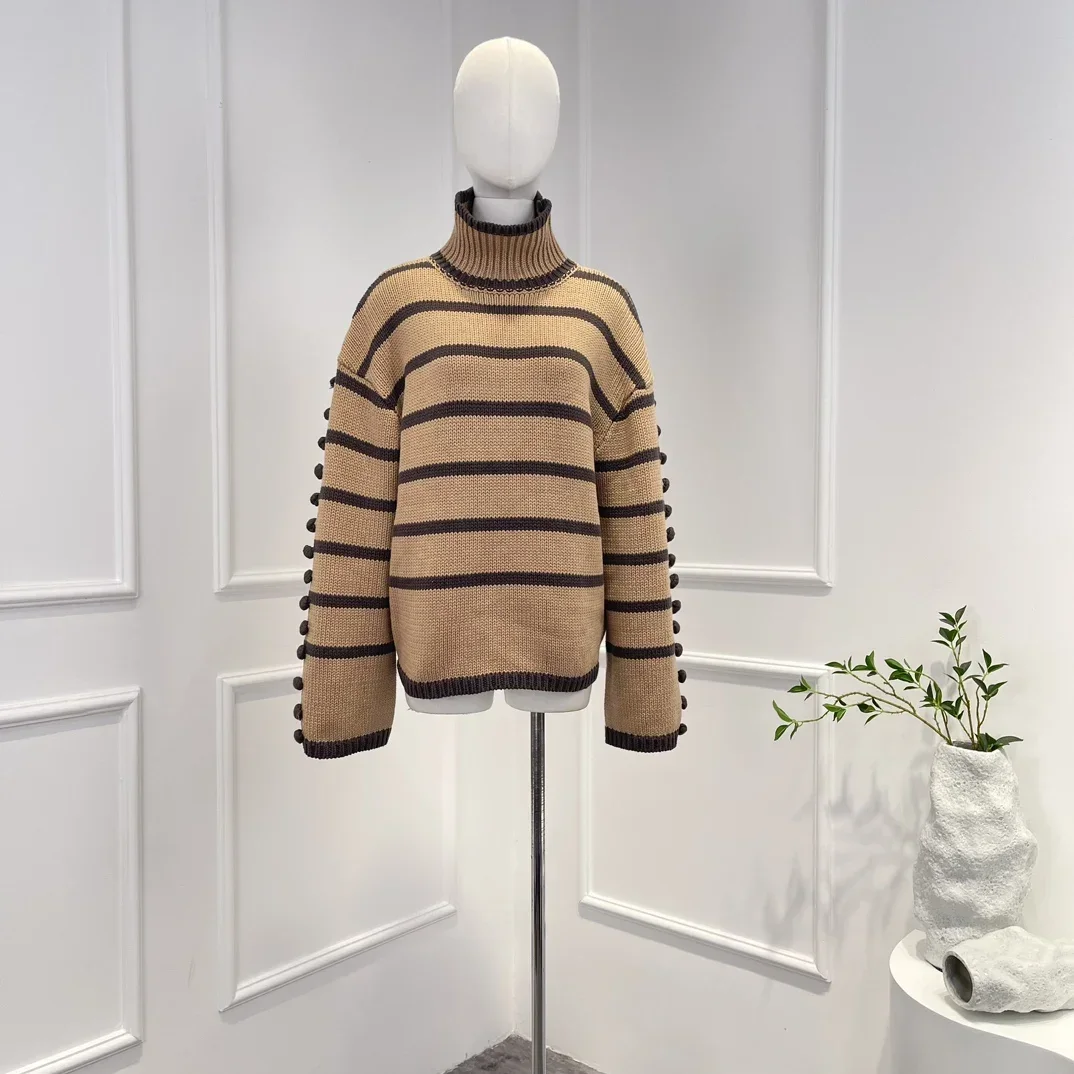 2023 New Arrival Fall Winter High Quality Beige Turtleneck Striped Long Sleeve Casual Pullover Sweater for Women