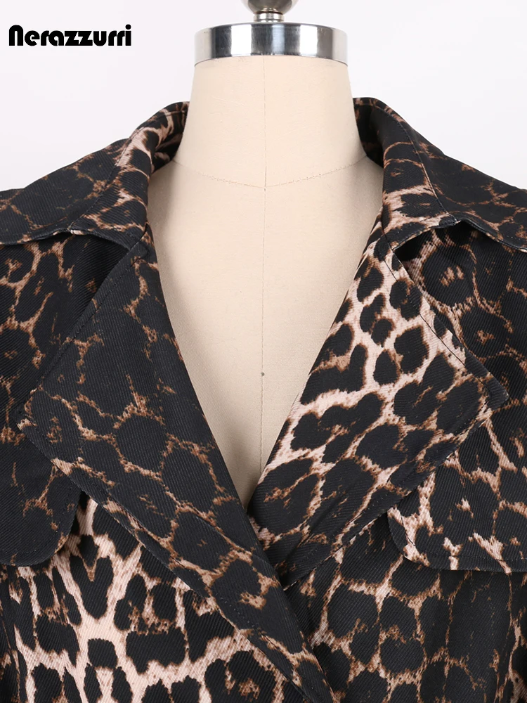 Nerazzurri Spring Autumn High Quality Soft Colorful Leopard PrintTrench Coat for Women Belt Double Breasted Elegant Clothes 2024