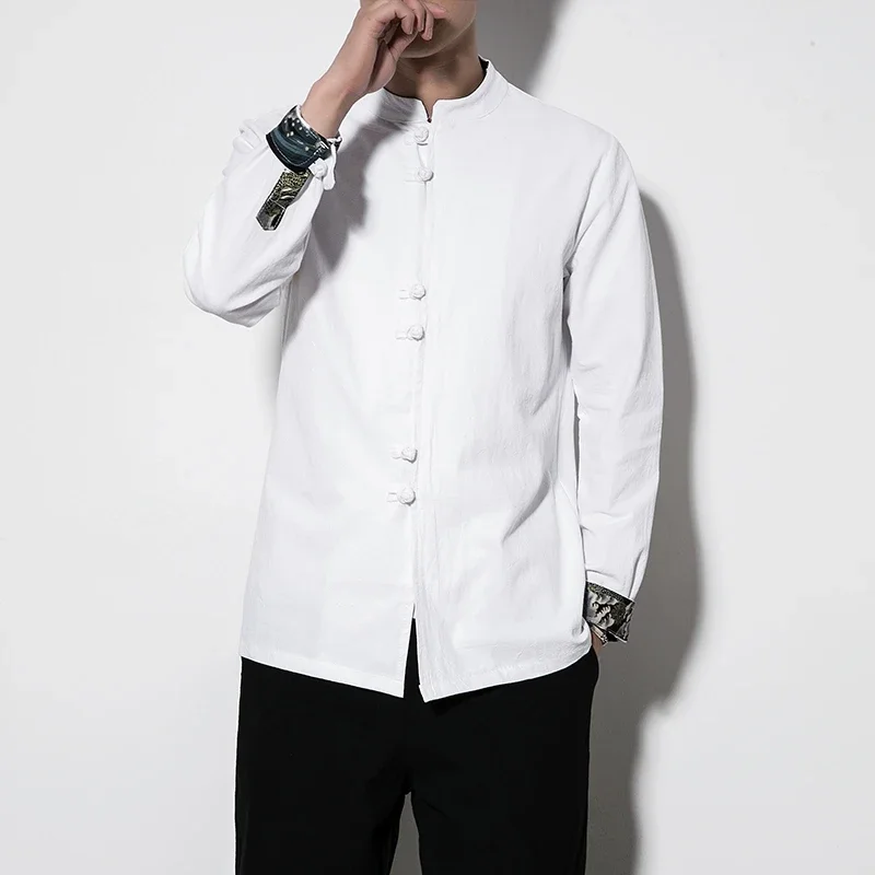 Men Shirts Cotton Linen Tops Tang Suit Chinese Style Long Sleeve Casual Shirt Kung Fu Traditional Clothes Multi Colors RetroZ296