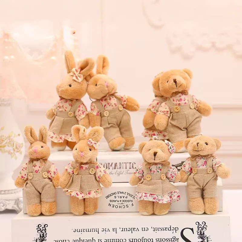 Casal Urso e Coelho Brinquedos de pelúcia Boneca de linho bonito para meninas, pingente de chaveiro, presente de festa infantil, atacado, 4 peças por lote