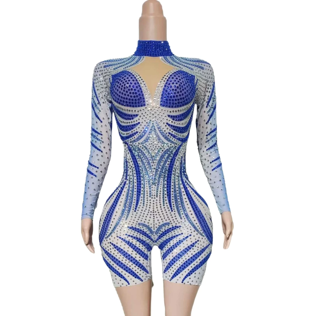 

Long Sleeve Women Rhinestone Shinning Romper Carnival Festival Showgirl Night Clubwear Evening Birthday Party Costumes