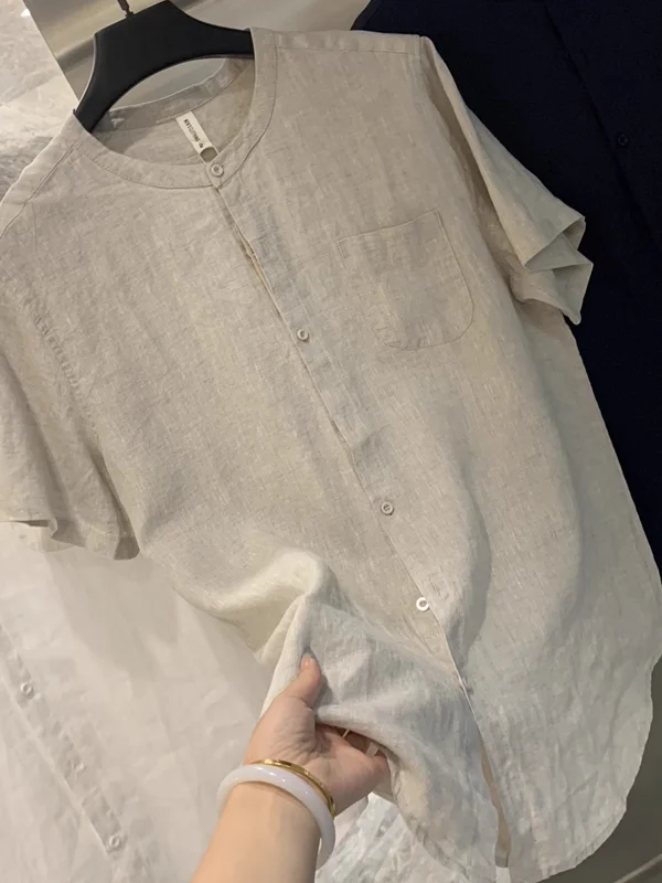 

l Air Conditioning 00% Linen Summer Men's Thin Breathable Comfortable Chinese Sle Stand Collar ort Sve irt