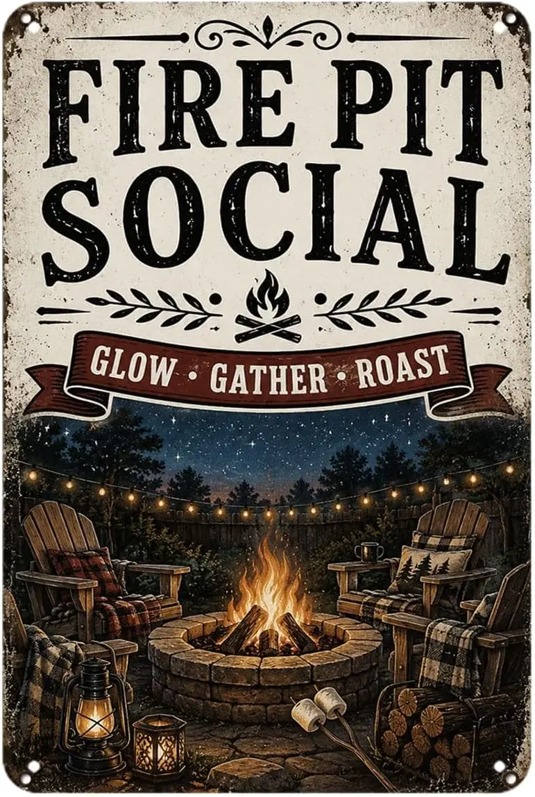 Fire Pit Social tin Sign, Vintage Campfire Gathering Metal Signs Aesthetic for Home Bedroom Kitchen Bar Garden & Outdoor Wal