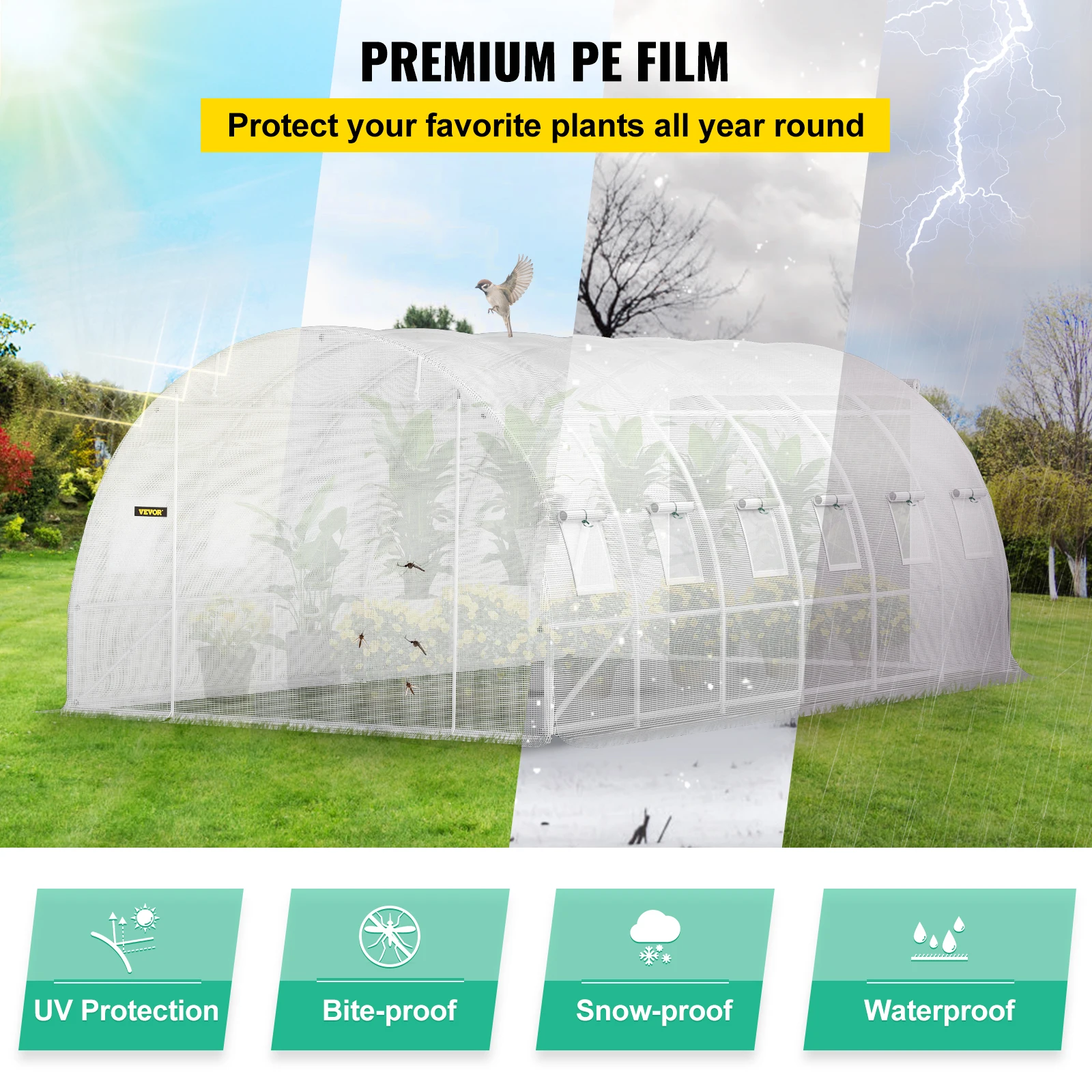 VEVOR 20 x 10 x 7 ft Walk-in Tunnel Greenhouse Portable 3 Top Beams Diagonal Poles 2 Zippered Doors & 12 Roll-up Windows White