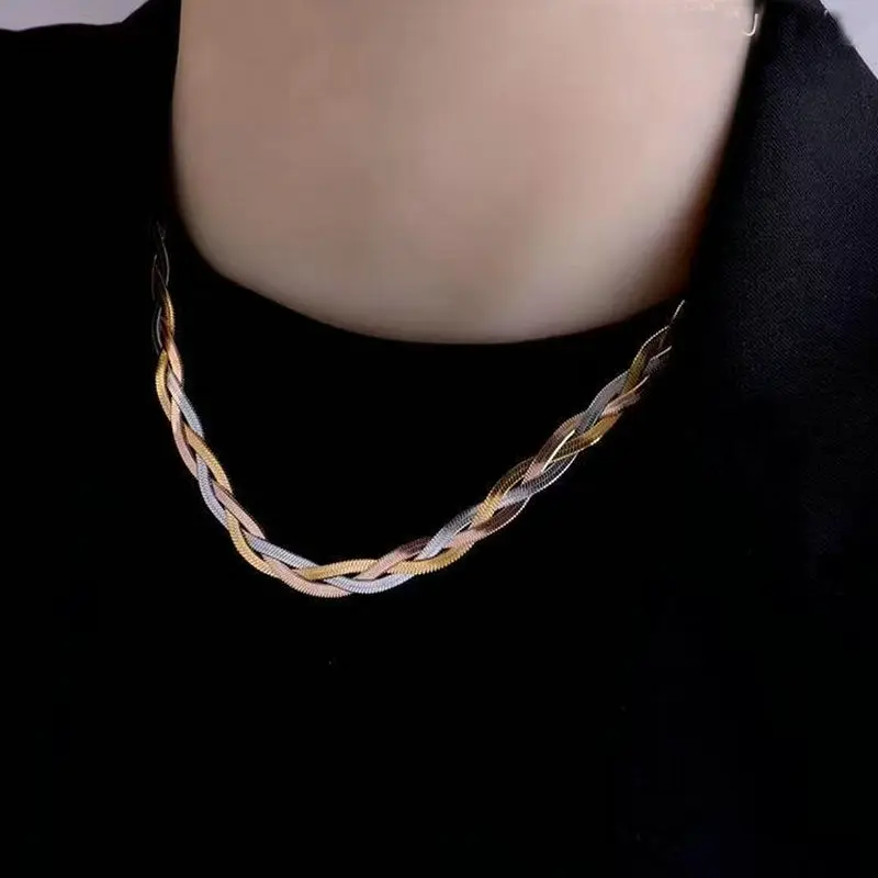 Trendy Tricolor Color Weave Snake Chain Choker Necklaces For Women Men Charm Simple Heart Tassel Necklace Jewelry Collar