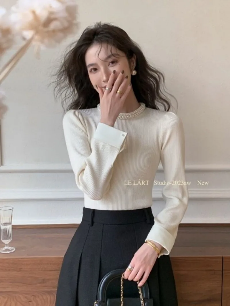 2024 Elegant Gentle Half-high Collar Beading Pullovers Autumn New Slim Fit Tops Women Long Sleeve Black Sweater Mujer