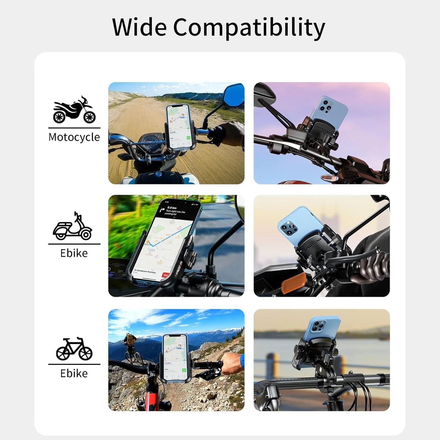 Wide Compatible Motorcycle Phone Mount, Easy Install Handlebar Clip, 360 Rotatable Camera Friendly Secure Bike Phone Holder