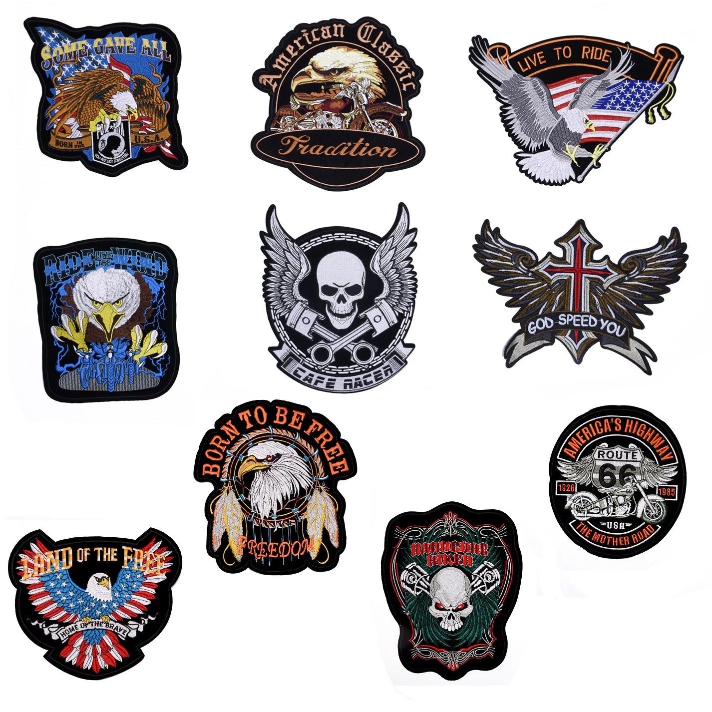 

Motorcycle Ride series Clothes Coat Big Back Sticker iron on Embroidered Patches Skull Eagle DIY Sew Applique Decor Stickers