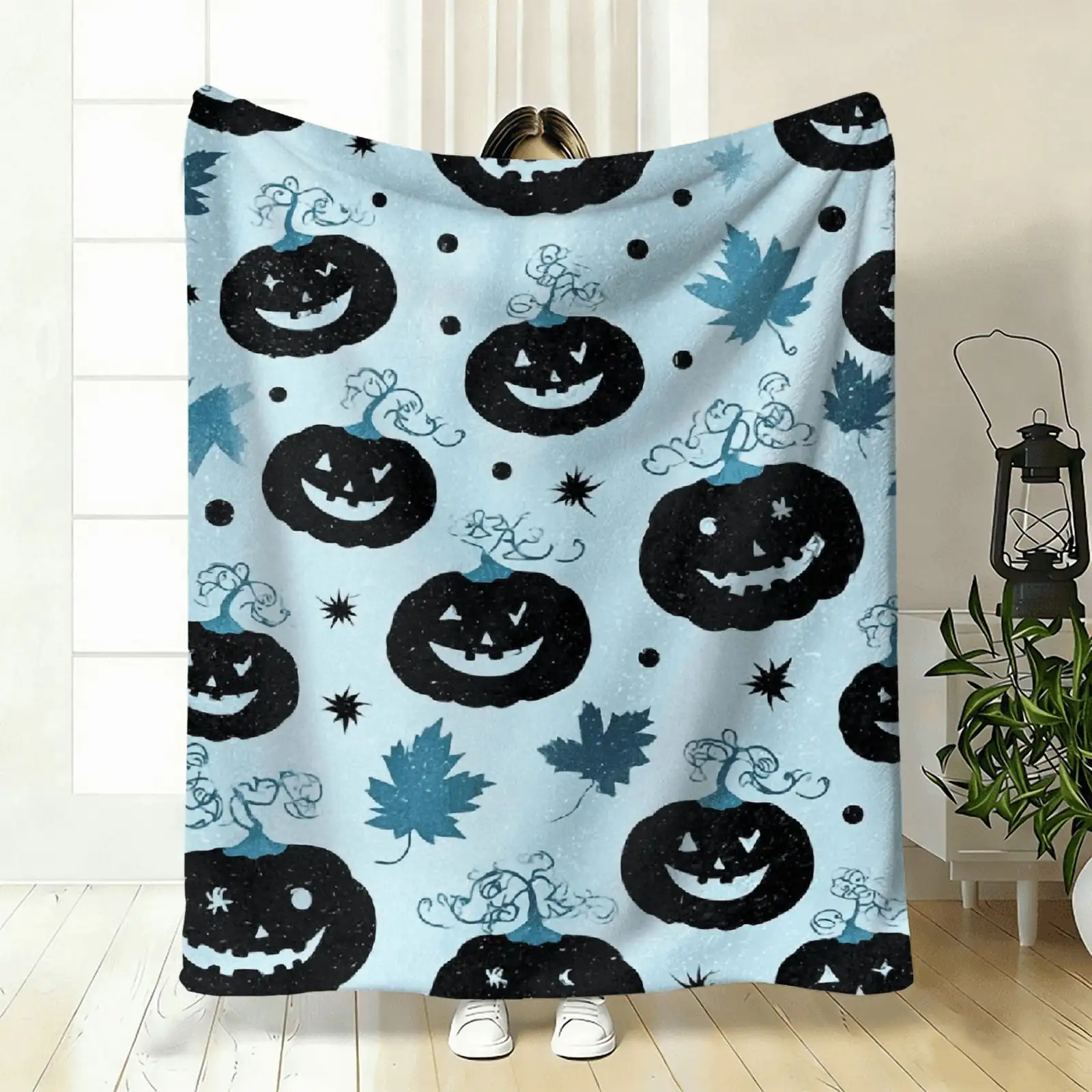 1pc Halloween Flannel Blanket - Soft Lightweight Throw with Pumpkin, Bat, Spider Web Jack-O-Lantern Patterns - All-Season