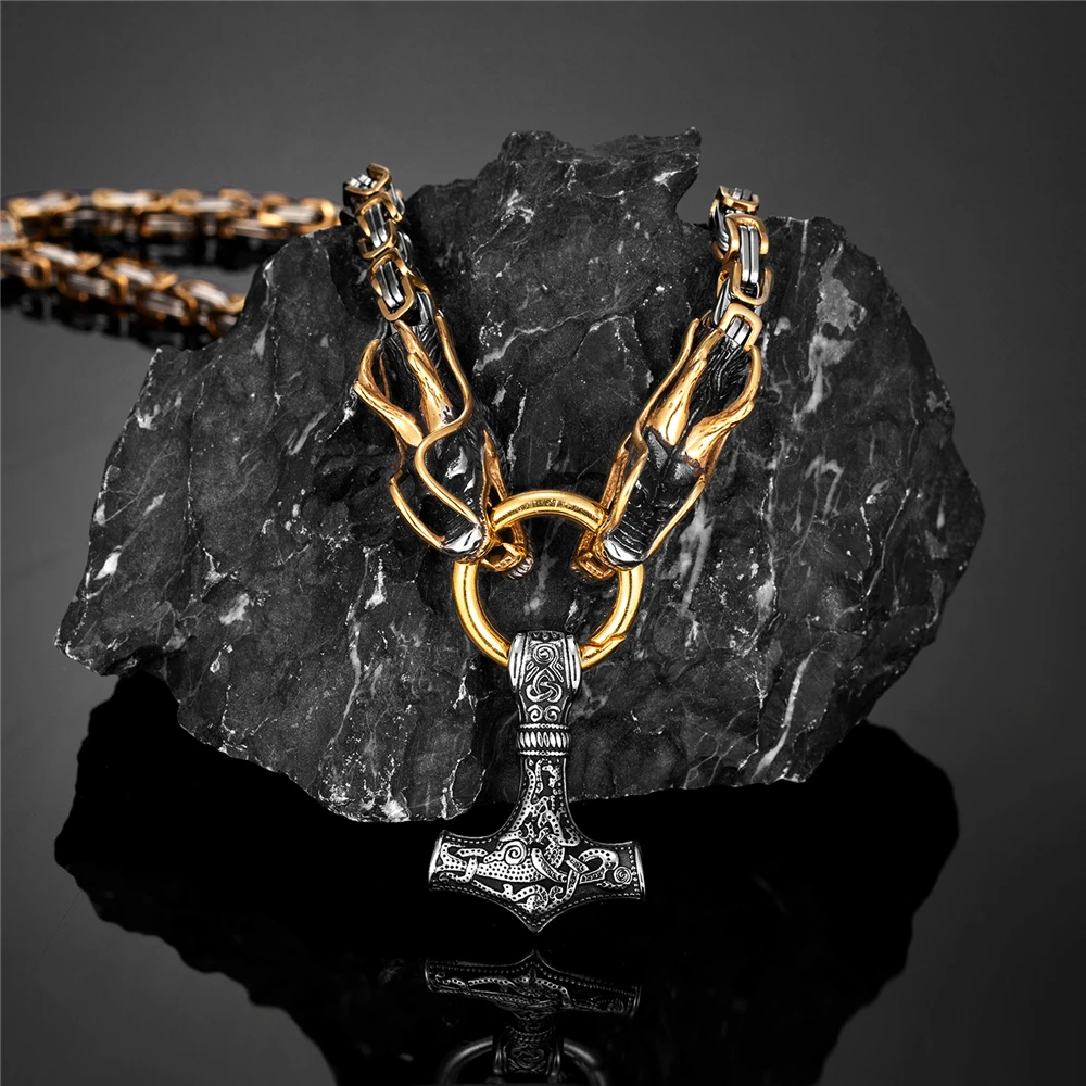 Nordic Mythology Dragon Necklace Mix Gold Color Vikings Thor's Hammer Pendant Stainless Steel Chain Men Amulet Icelandic Jewelry