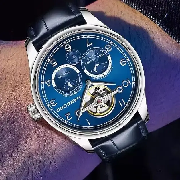HANBORO Men Automatic Watch 44mm Mechanical Wristwatch Sapphire Mirror Northern Southern Hemisphere Sun-Moon 12 Hours Dial