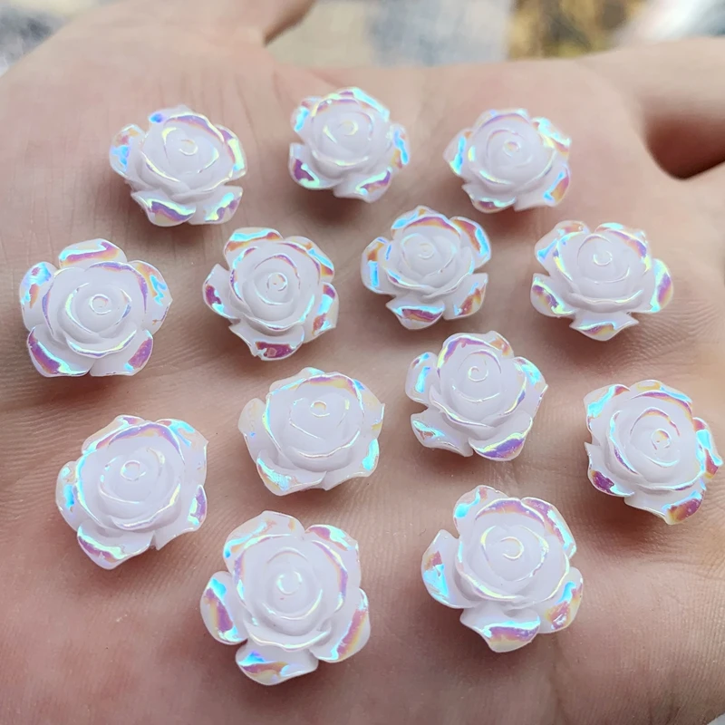 30pcs 15mm white AB resin flower Flat back Rhine wedding decoration craft scrapbook diy jewelry making accessories