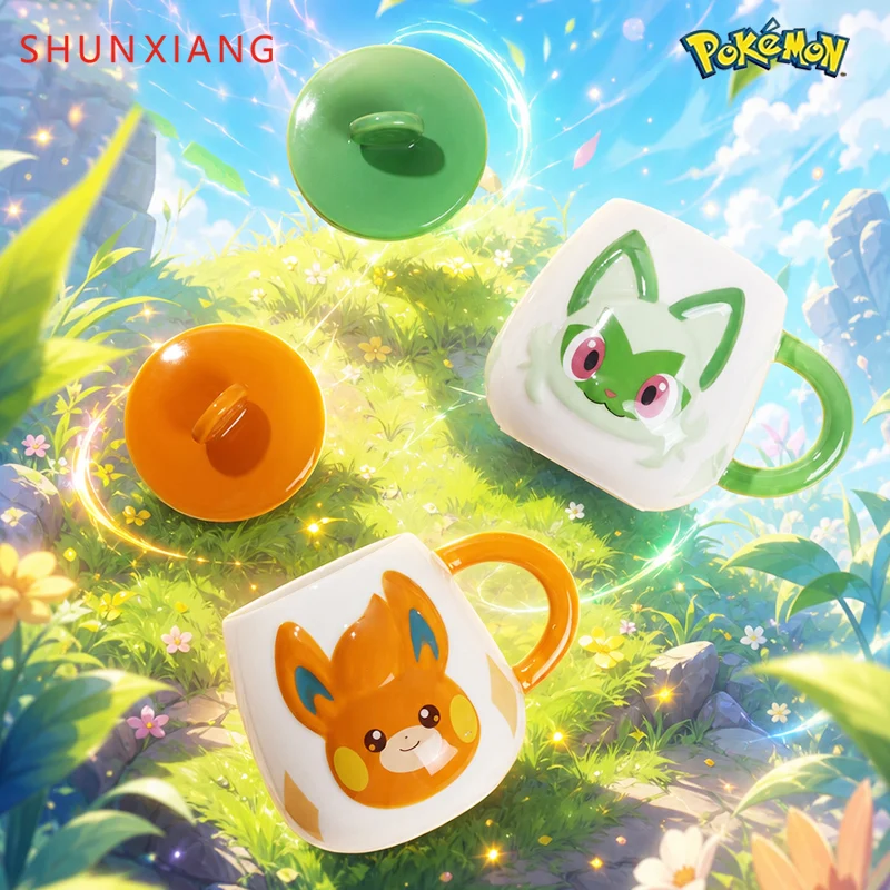 SHUNXIANG Pokémon Licensed Mugs Set 2Pcs Cartoon Sprigatito & Pawmi Ceramic Cups Coffee Cup Breakfast Milk Cups Perfect Gifts