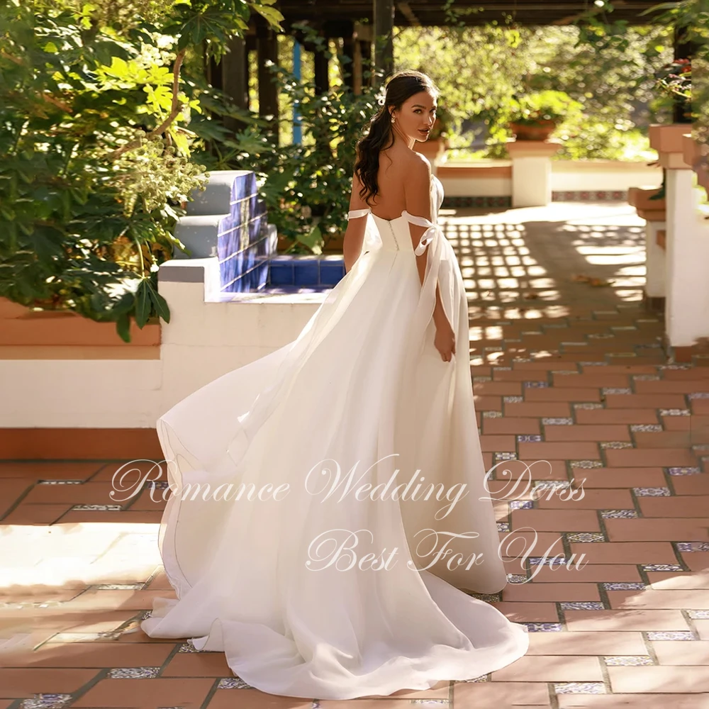 Elegantes A-Linie-Hochzeitskleid mit V-Ausschnitt, schulterfrei, Schleife, für Damen, 2026, Falten, Sweep-Zug, offener Rücken, Vestidos de Novia, individuell gestaltet