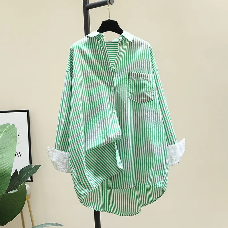 Blouse Women Cotton Mid-length Green Striped Women Elegant Shirts Autumn New Loose Long Sleeves Shirt Coat Women's Clothing