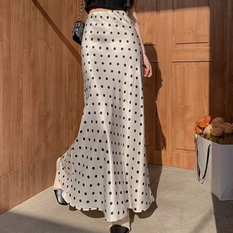 

Seoulish Vintage Dots Printed Satin Women's Mermaid Skirts 2025 New Elagant High Waist Casual Loose Fishtail Long Skirts Female