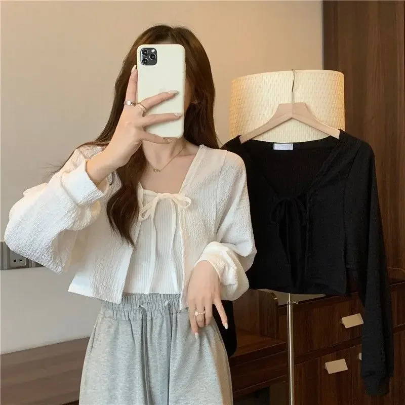 Casual Knitted Cardigan Women Fashion Thin Sunscreen Lace-Up Knitwear Tops Y2k Girls Korean Style Lantern Sleeve Cropped Coat