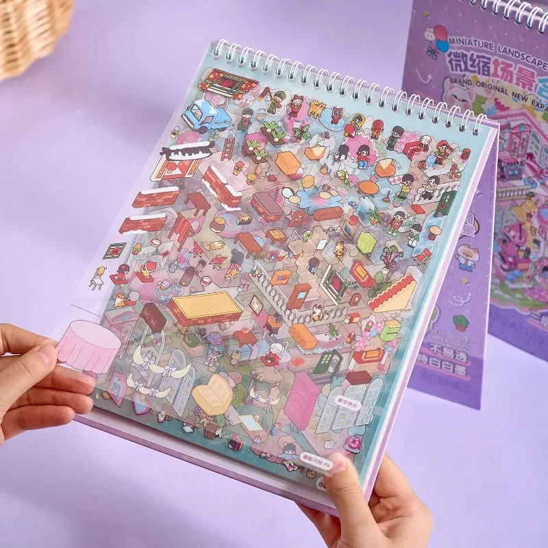 Miniature Scene Sticker Book, 8 Different Scenes with 10 Sticker Materials, 3D Cartoon House DIY Decoration Craft