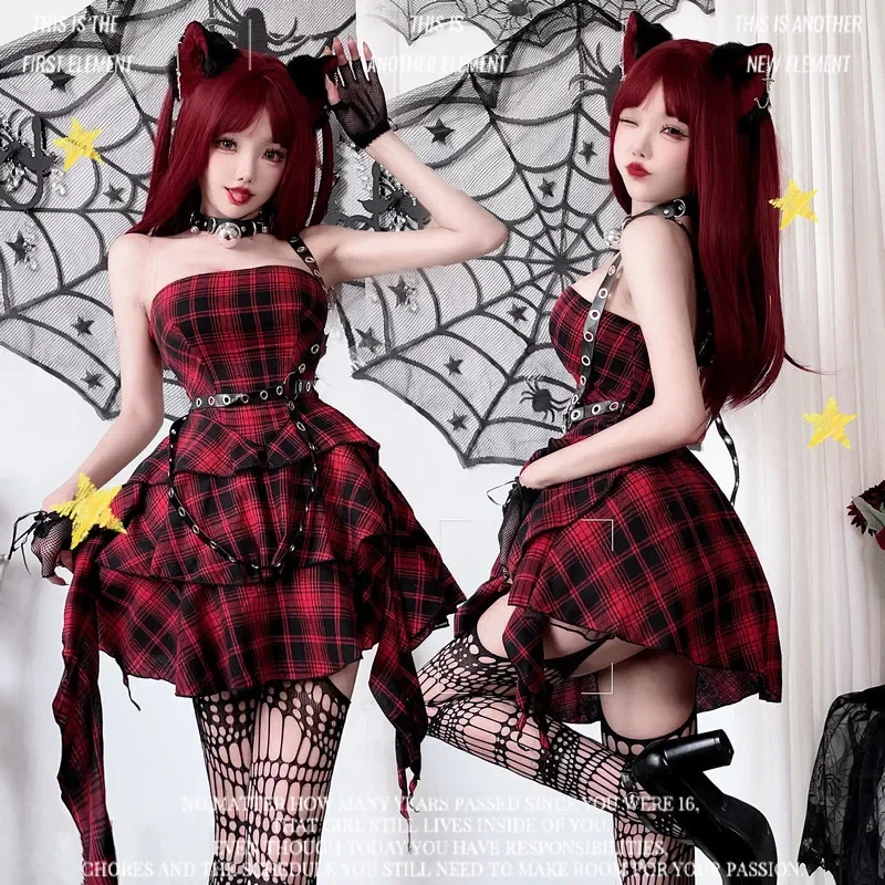 Dark Gothic Subculture Lace Babes Dress Sweet Cool Plaid Lolita Singer Costume