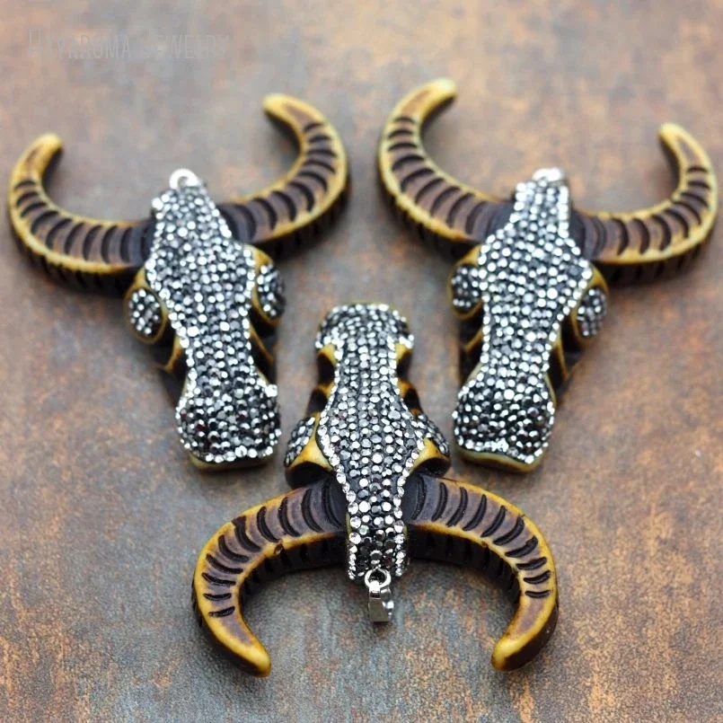 11Pcs Pave CZ Animal Longhorn Bull Necklace Pendant Boho Jewelry Making Bison Charm