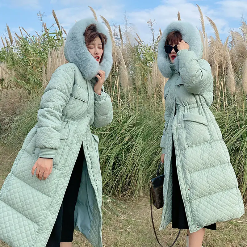 2022 winter version of new large wool collar cotton jacket for women, medium length, waist length, knee length, diamond jacket