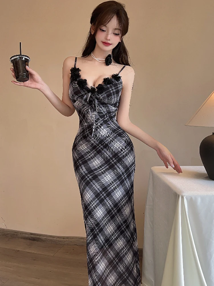2025 noir Plaid maille Chic nœud col en v Sexy fronde robe femmes élégant luxe longue robe été coréen Vintage moulante robe de soirée