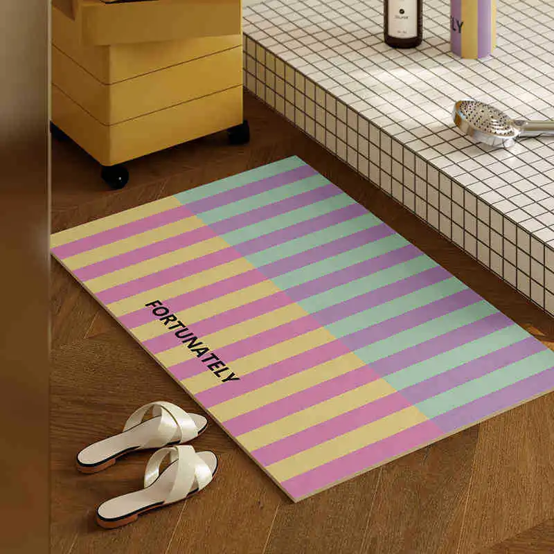 Pastel Rainbow Stripe Diatomite Bath Mat Super Absorbent Quick-Dry Non-slip for Bathroom Floor Kitchen Countertop & Balcony