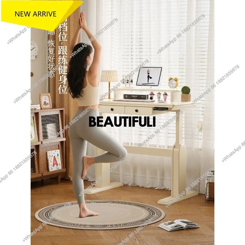 M138French Smart Electric Lifting Desk Home Bedroom Computer Desk White Solid Wood Standing Workbench