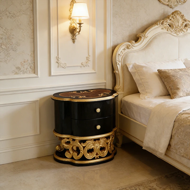 !@Exquisite French Classical Designer Customization Wooden Nightstand Gold Foil Luxury Burlwood Bedside Table for Hotel Bedroom