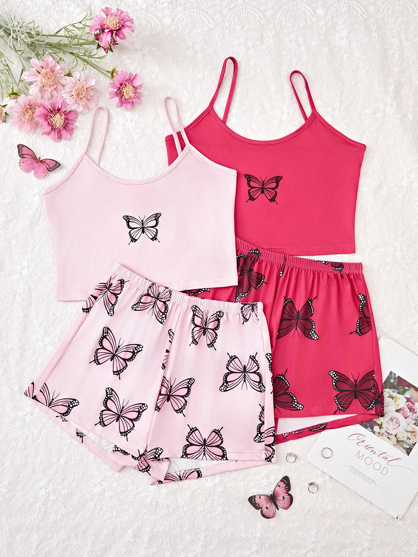 2 Set Women\'s new style pajama set Butterfly Halter top Pink shorts 4 piece casual loungewear