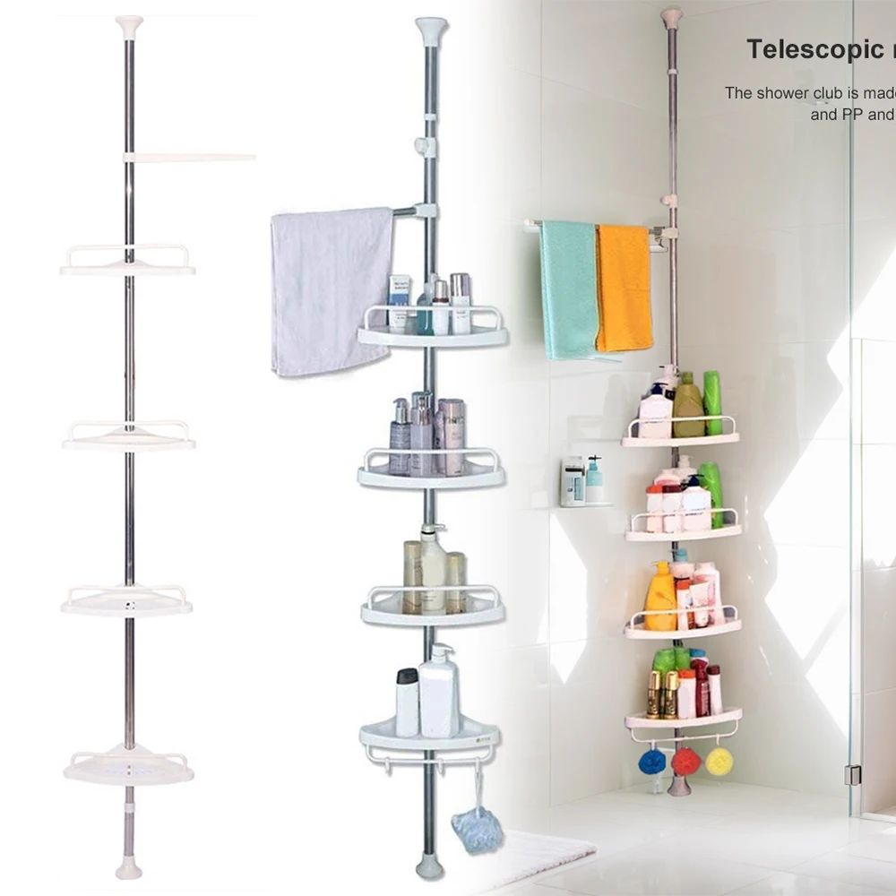 

Telescopic Corner Shelf Stainless Steel Frame Storage Basket Adjustable 4 Trays Shower Caddy Organizer Shelf Shower Corner Stand