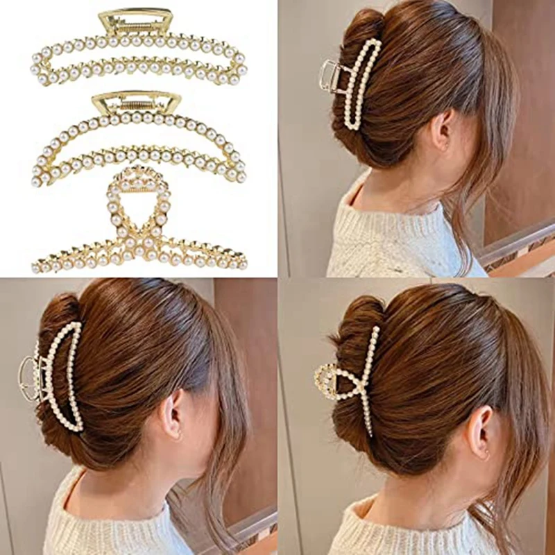 3 Pieces Of Large Metal Pearl Hair Clips, Suitable For Thick Hair, Fashionable Hair Clips