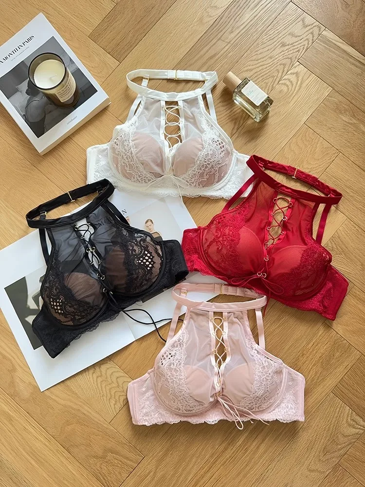 Luxury French Lace Halter Bra Small Chest Push-Up Sheer Bralette Seductive Allure Black Lingerie Set Wire-Free Comfort MOYISU AB