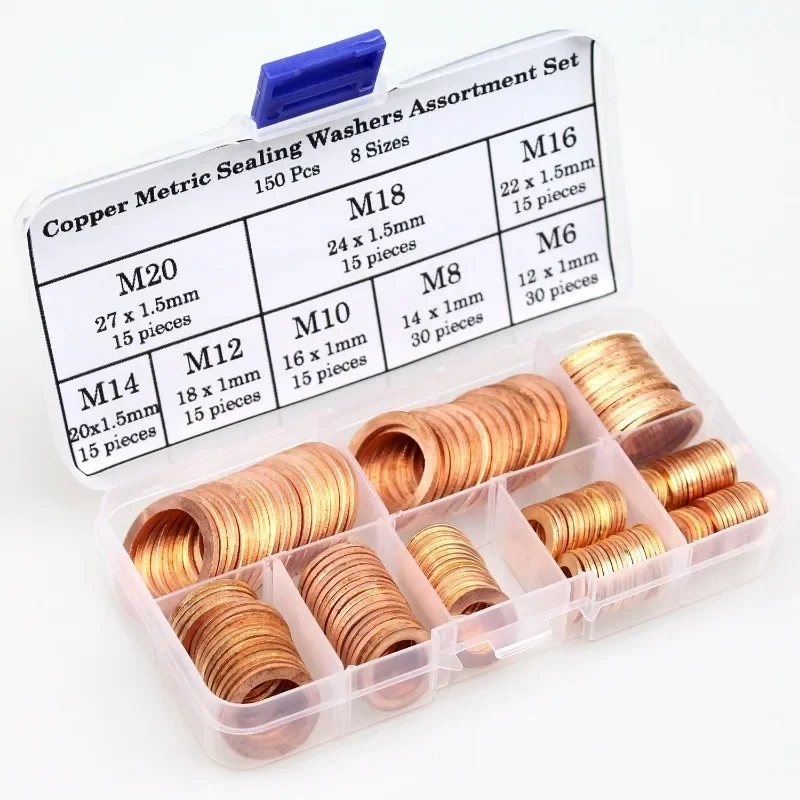 150PCS Copper Washer Gasket Nut And Bolt Set - Flat Ring Seal Kit for Sump Plugs Washers - M6/M8/M10/M12/M14/M16/M18/M20