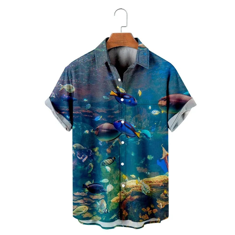 

Ocean Printed Short Sleeve Shirt Men Women Beach Button-up Pocket Shirts Stylish 3D Clothes 2024