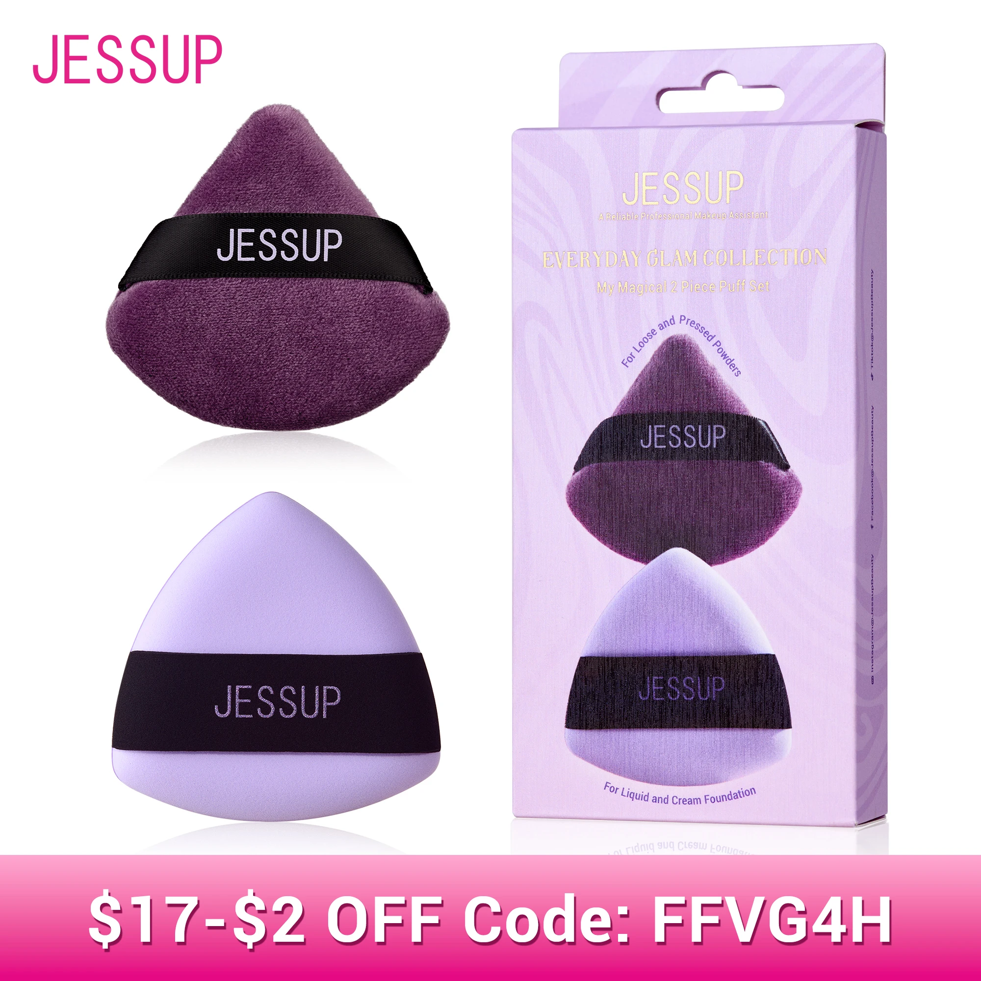 

Jessup Powder Puff, 2pcs Triangle Powder Puff Soft for Foundation Setting and Baking, Reusable, Washable, Purple SP018