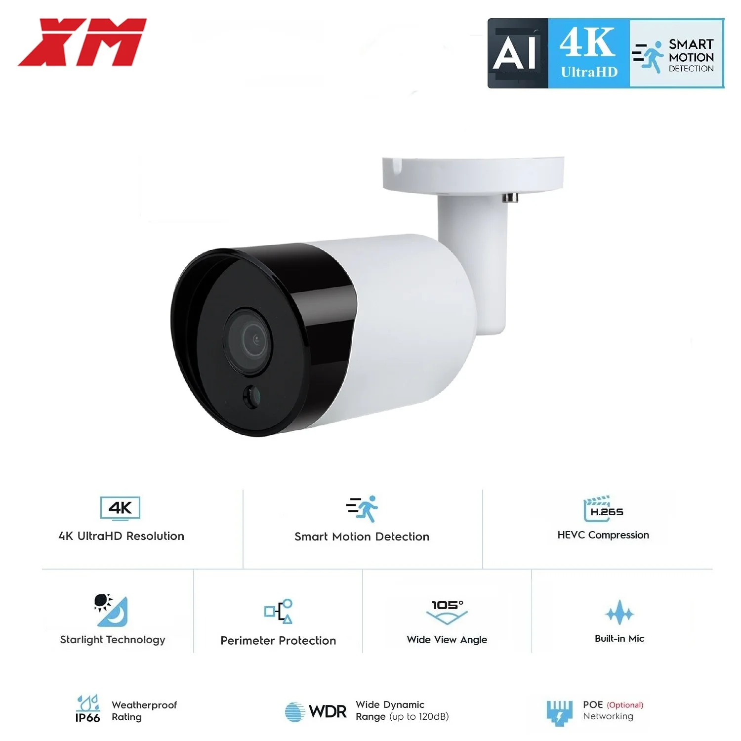 XM-cámara IP impermeable para exteriores, dispositivo de vigilancia de seguridad tipo bala, 4K, HD, 8,0mp, grabación de Audio, CCTV, POE, IR, P2P