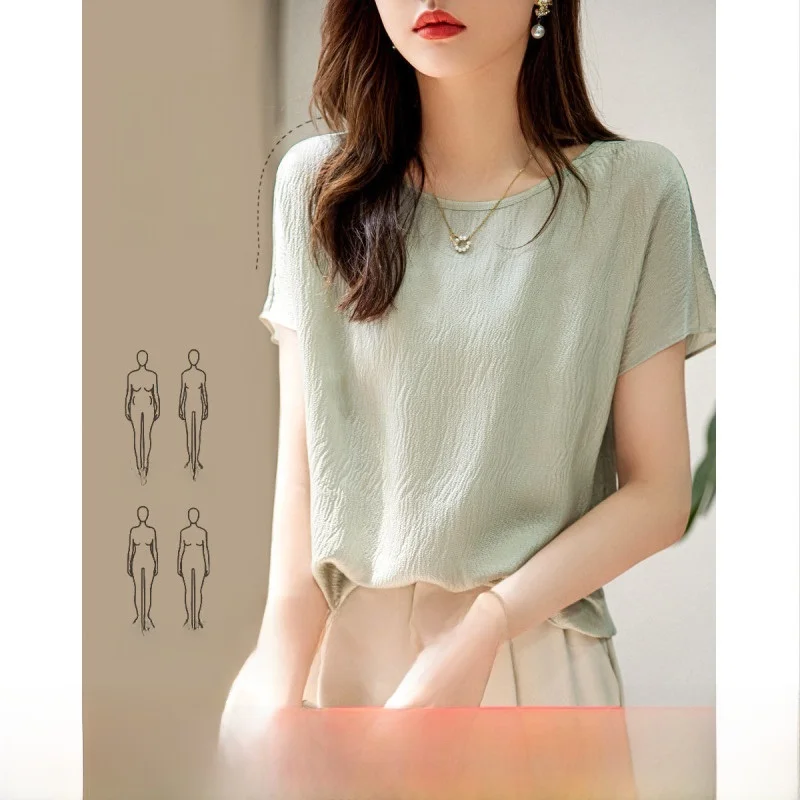 

Outlet Big Brand Silk round Ne ort Sve irt Women Thin Simple Top Commute Sle Loose Fit Color