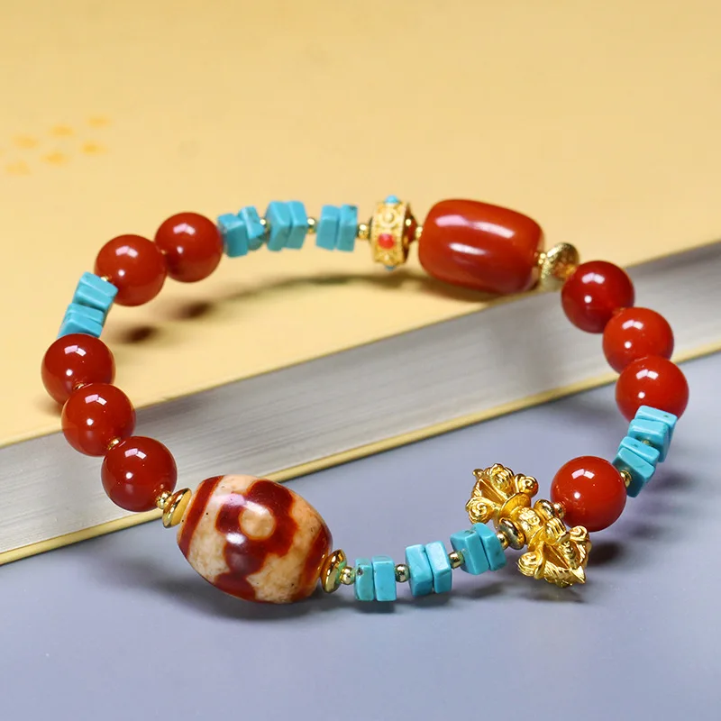 Shengshi Qiyuan Natural Tibetan Red Agate Mandala Three-Eyed Dzi Bead Bracelet with Turquoise Magic Pestle Amulet 13x15mm