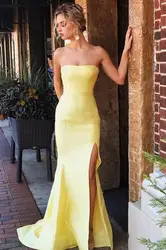 Light Yellow Party Dress Strapless Side Split Prom Dresses