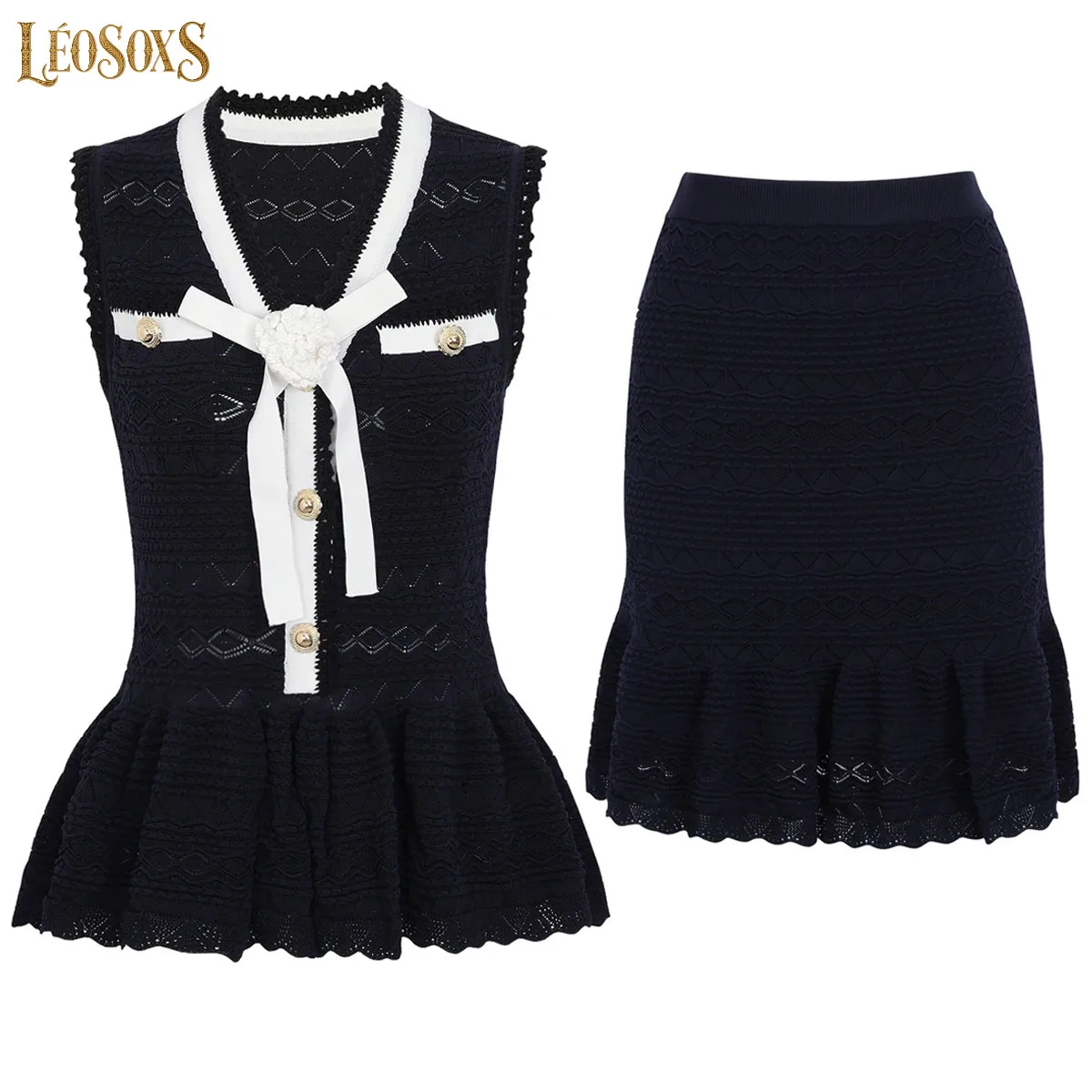 LEOSOXS High Quality Summer New Fashion Commuter d Flower Knitted Women's Casual VNeck Sleeveless TopSkirt Set